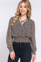 Surplice Smocked Print Chiffon Blouse | Mixtshop LLC