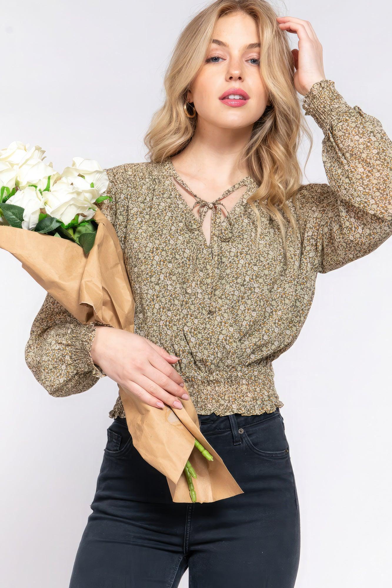 Surplice Smocked Print Chiffon Blouse | Mixtshop LLC Main image