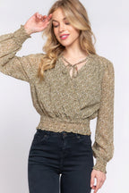 Surplice Smocked Print Chiffon Blouse | Mixtshop LLC