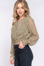 Surplice Smocked Print Chiffon Blouse | Mixtshop LLC