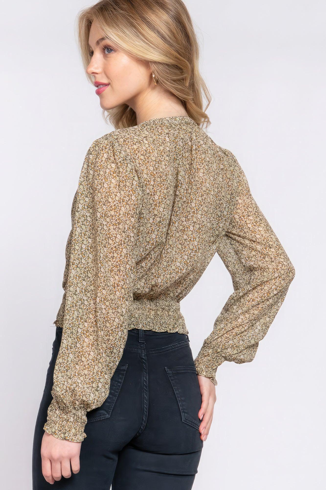 Surplice Smocked Print Chiffon Blouse | Mixtshop LLC