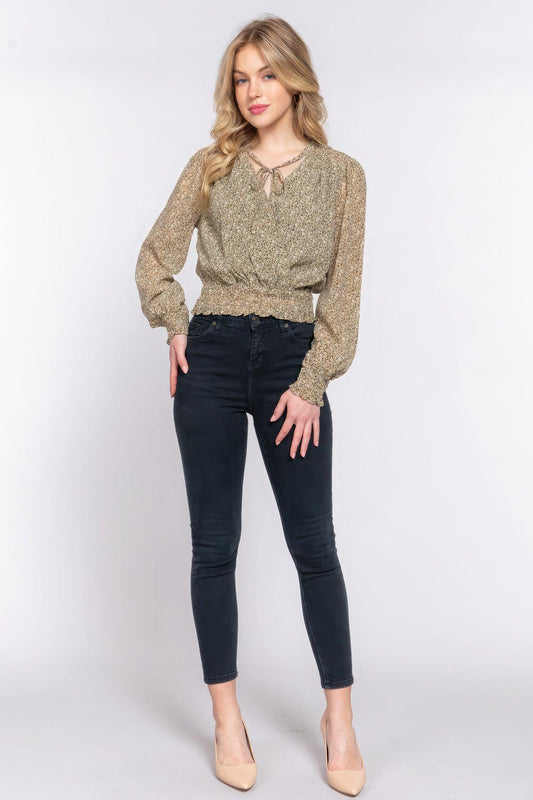 Surplice Smocked Print Chiffon Blouse | Mixtshop LLC