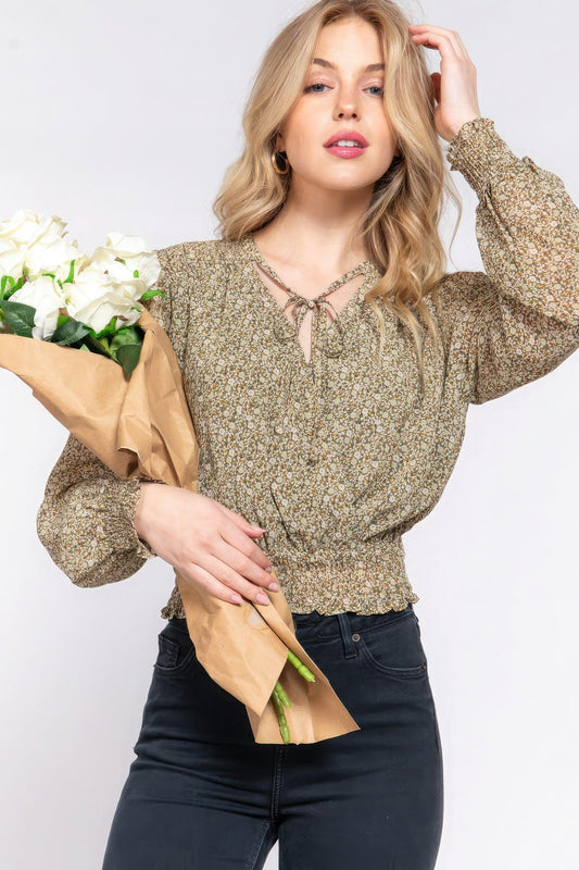 Surplice Smocked Print Chiffon Blouse | Mixtshop LLC