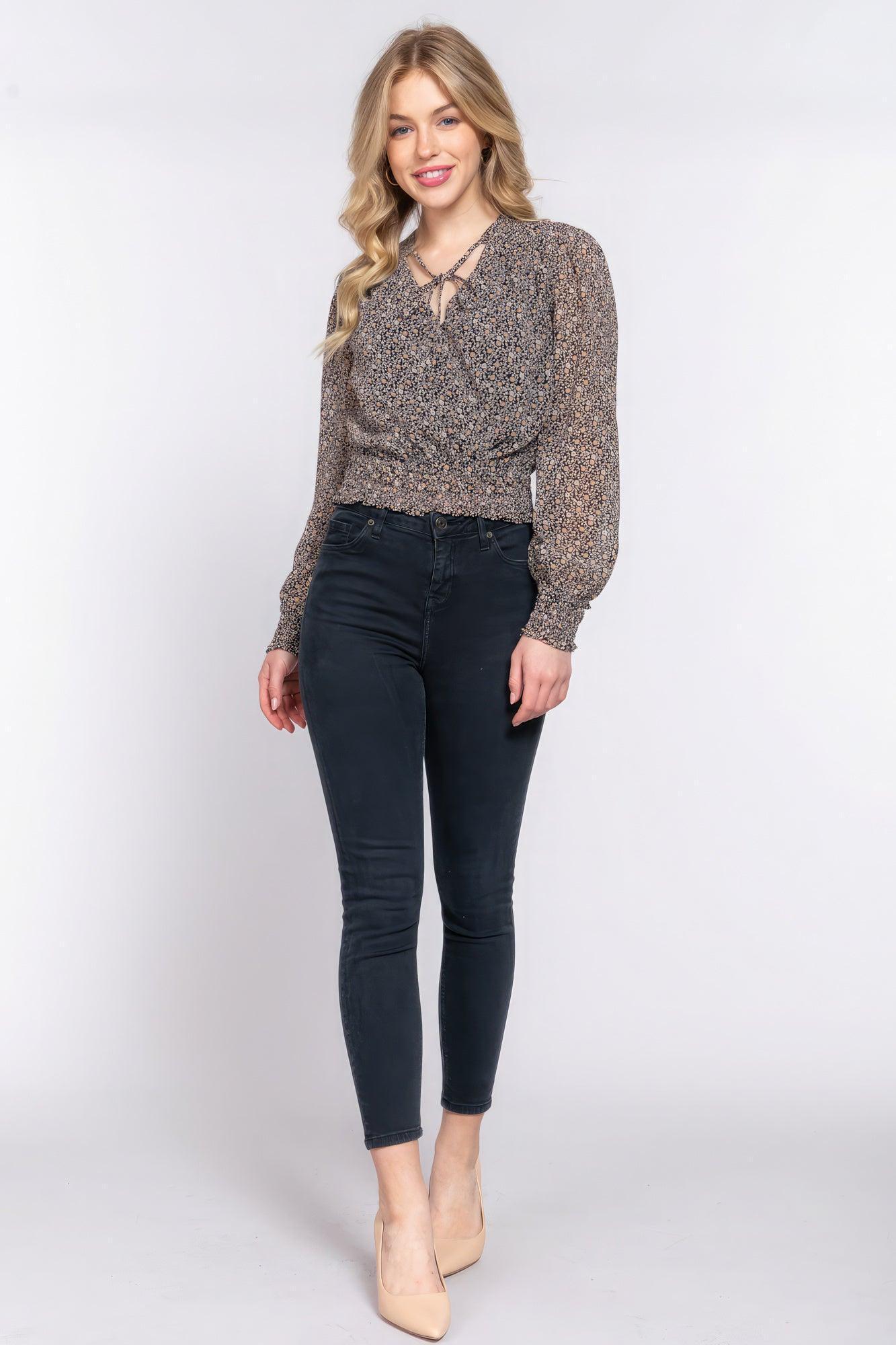 Surplice Smocked Print Chiffon Blouse Secondary image