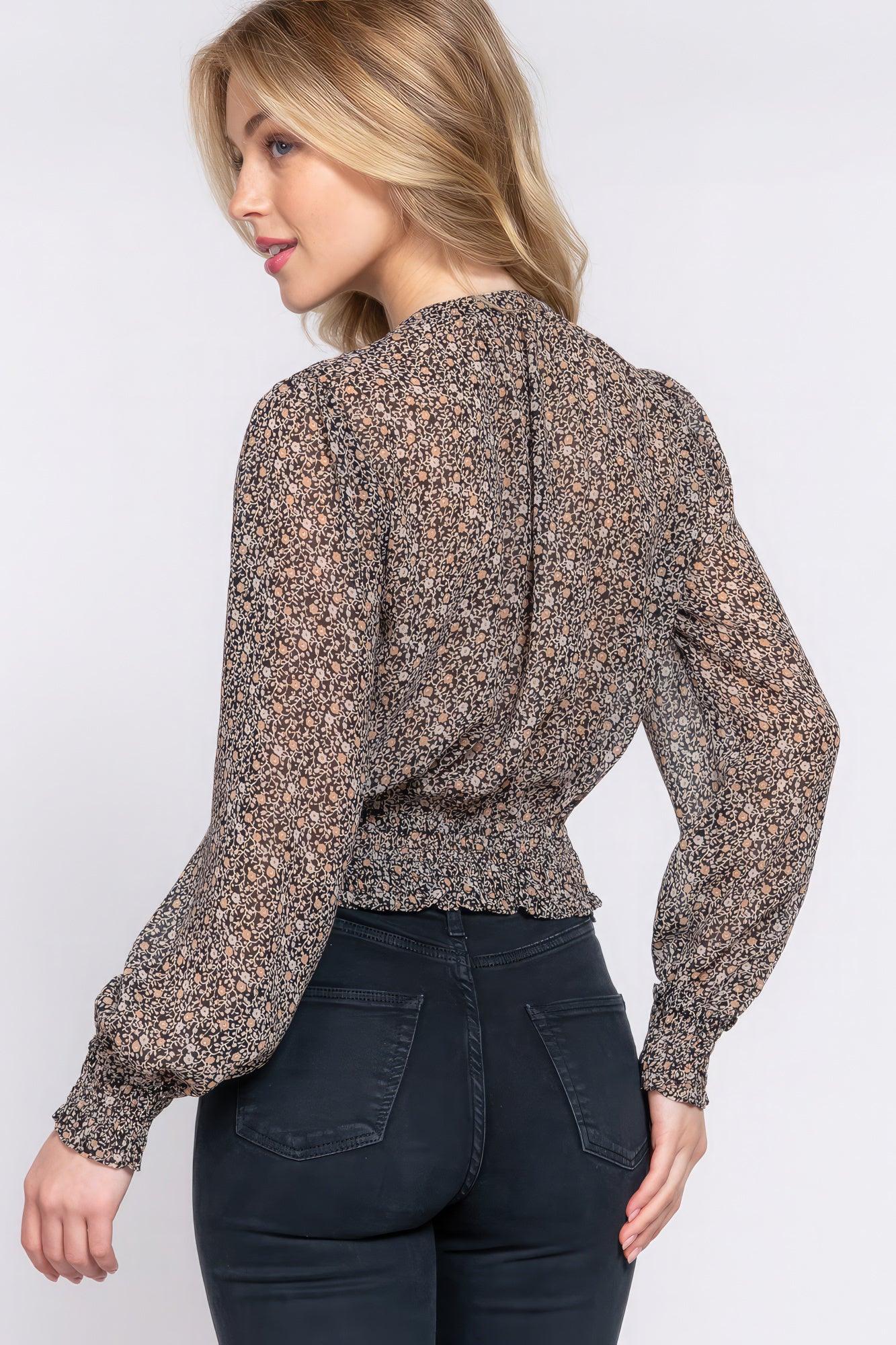 Surplice Smocked Print Chiffon Blouse | Mixtshop LLC