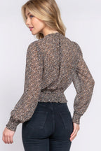 Surplice Smocked Print Chiffon Blouse | Mixtshop LLC