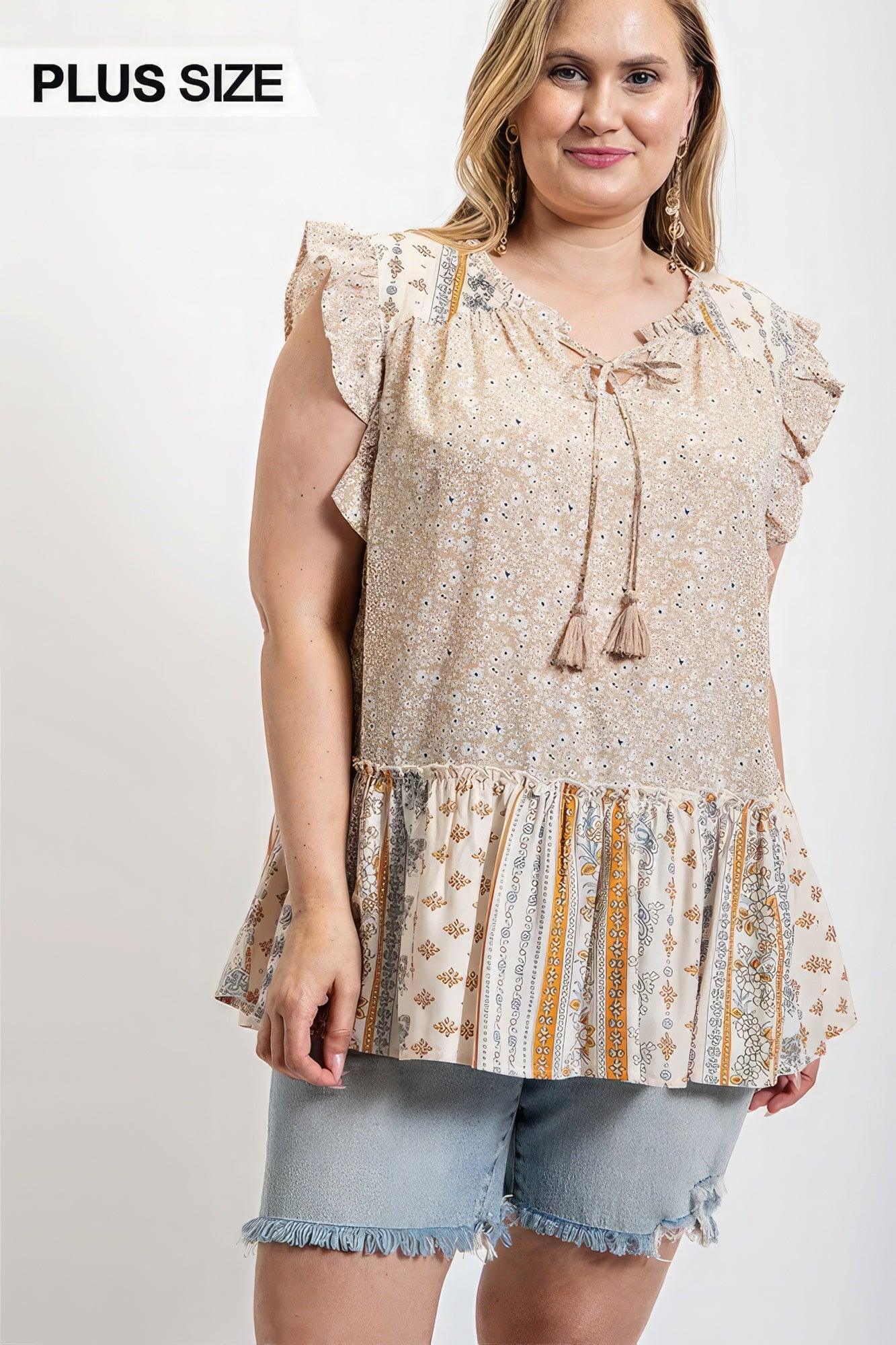 Woven Prints Mixed And Sleeveless Flutter Top With Tassel Tie | Mixtshop LLC Main image