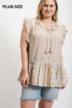 Woven Prints Mixed And Sleeveless Flutter Top With Tassel Tie | Mixtshop LLC