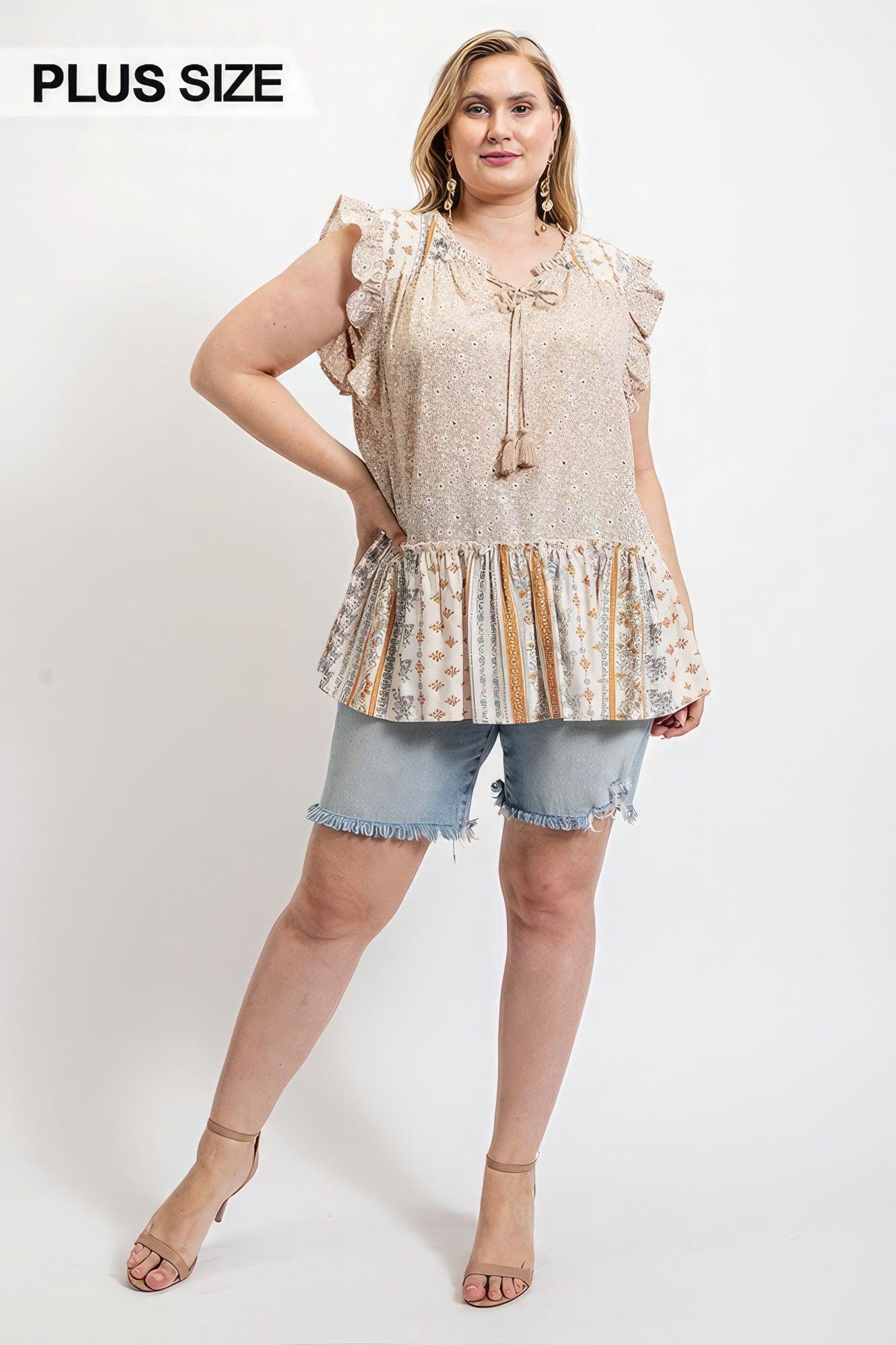 Woven Prints Mixed And Sleeveless Flutter Top With Tassel Tie Secondary image