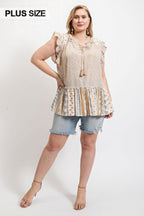 Woven Prints Mixed And Sleeveless Flutter Top With Tassel Tie | Mixtshop LLC