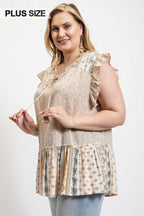 Woven Prints Mixed And Sleeveless Flutter Top With Tassel Tie | Mixtshop LLC