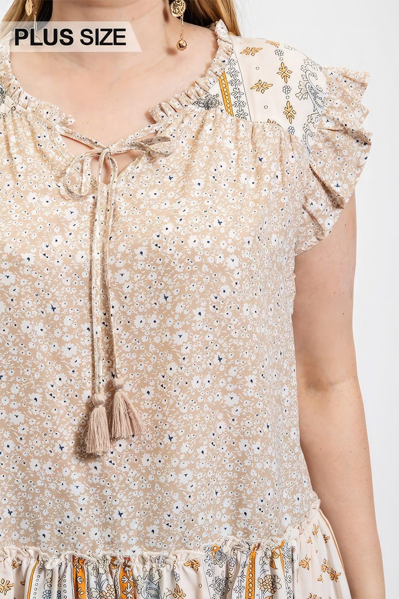 Woven Prints Mixed And Sleeveless Flutter Top With Tassel Tie | Mixtshop LLC