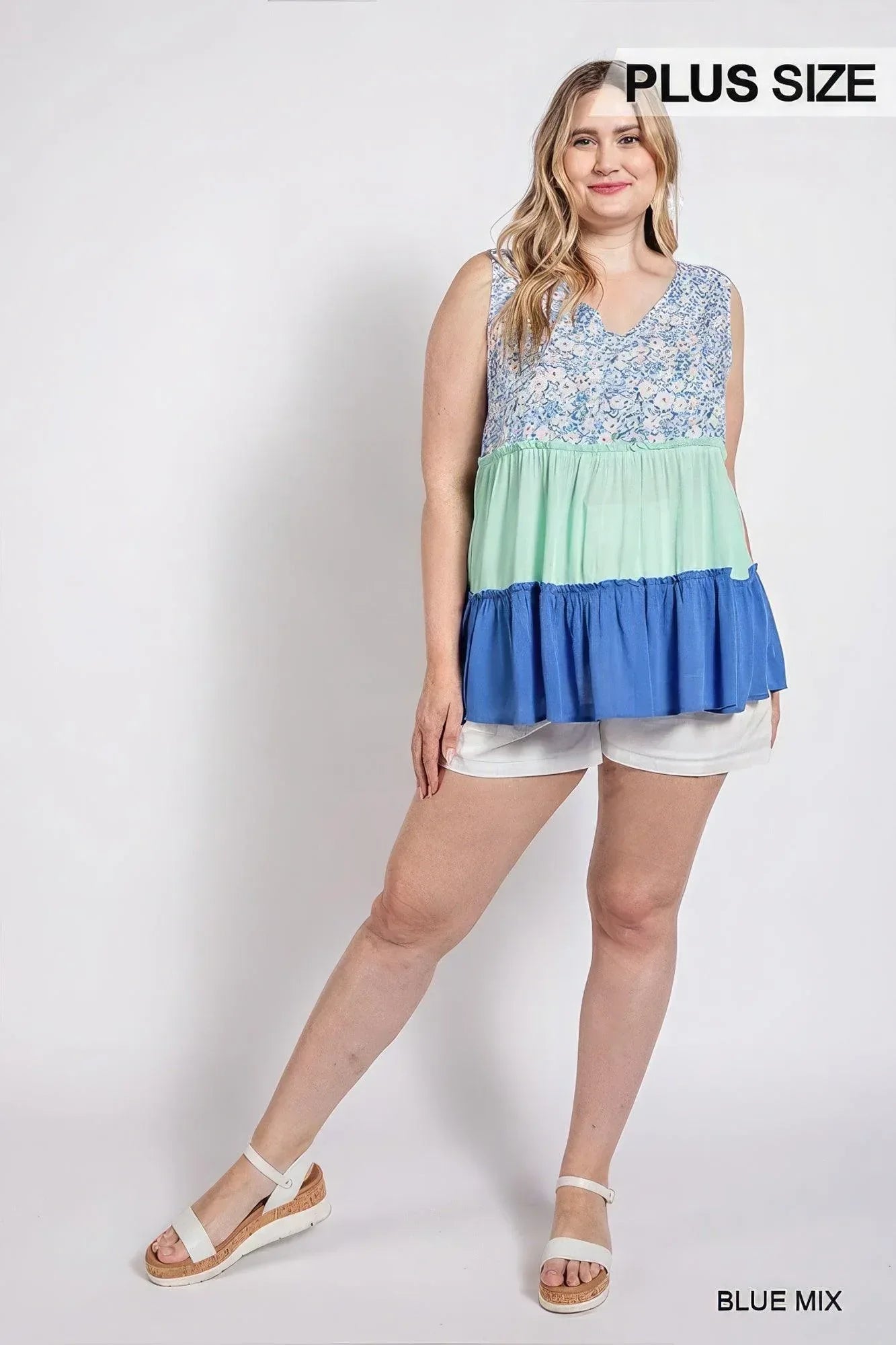 Floral Color Block Ruffle Detail Tiered V-neck Top Secondary image