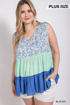 Floral Color Block Ruffle Detail Tiered V-neck Top | Mixtshop LLC