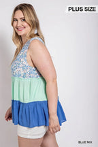 Floral Color Block Ruffle Detail Tiered V-neck Top | Mixtshop LLC