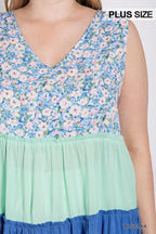 Floral Color Block Ruffle Detail Tiered V-neck Top | Mixtshop LLC