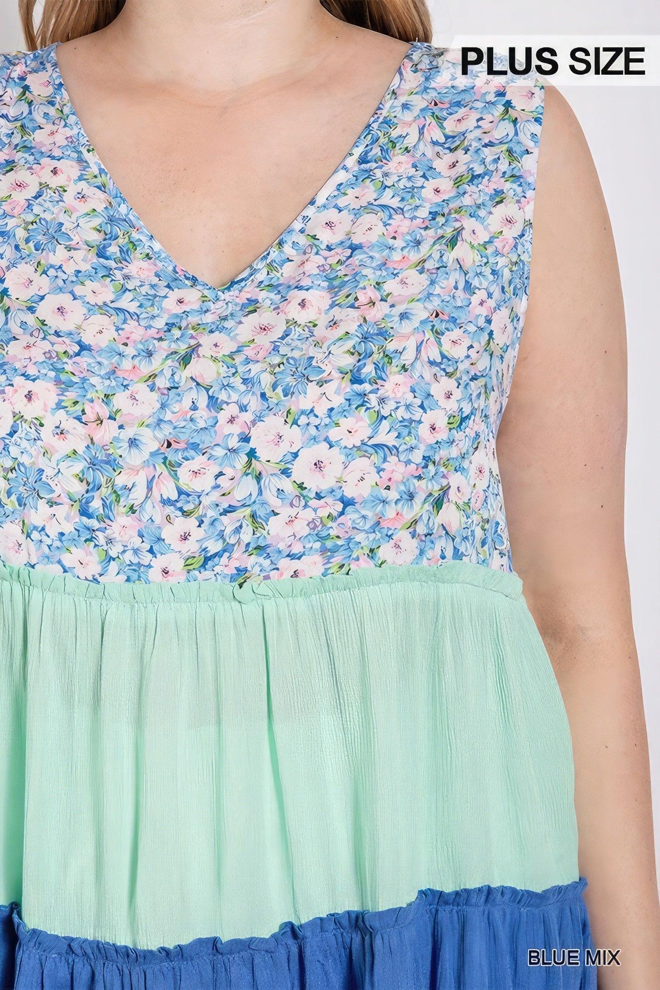 Floral Color Block Ruffle Detail Tiered V-neck Top | Mixtshop LLC