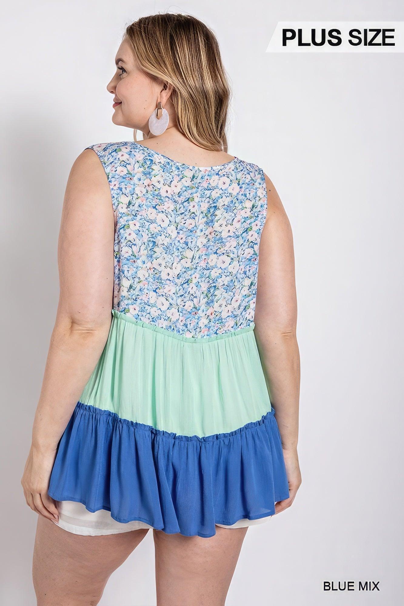 Floral Color Block Ruffle Detail Tiered V-neck Top | Mixtshop LLC