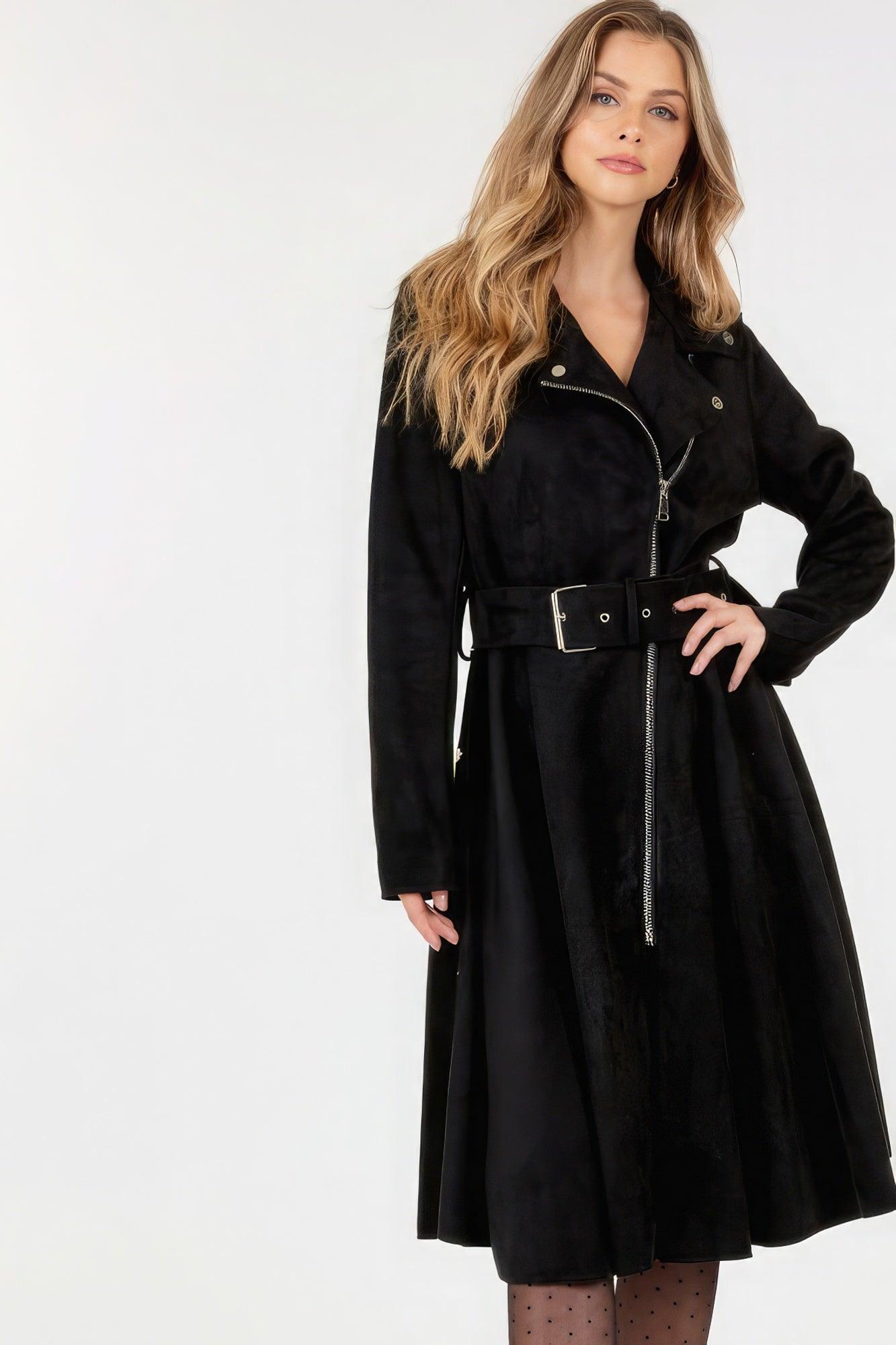 Waist Belt Tacked Faux Suede Coat Solid Coat | Mixtshop LLC Main image