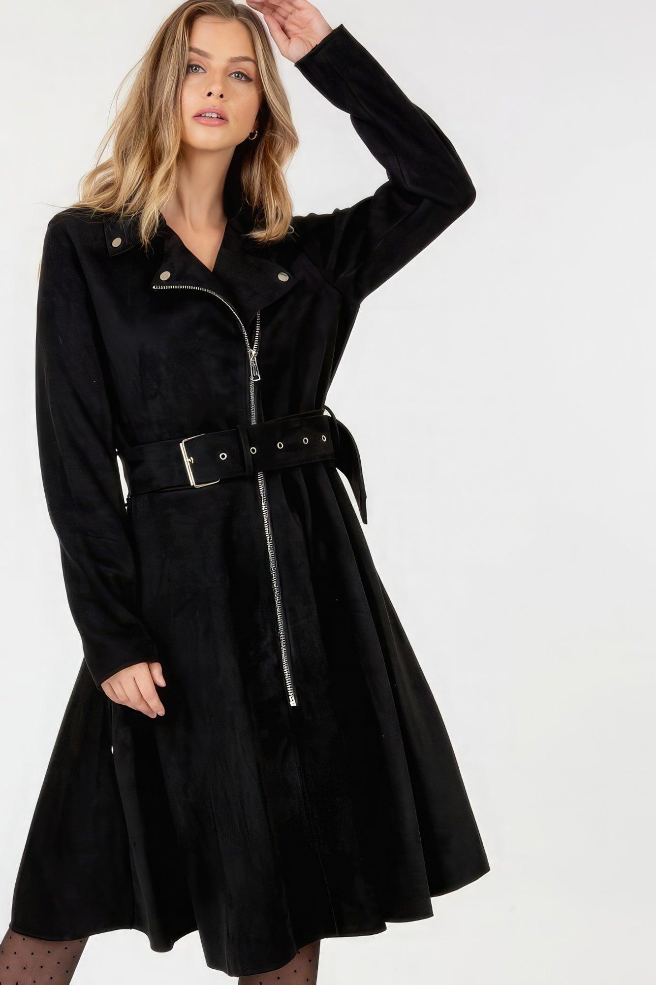Waist Belt Tacked Faux Suede Coat Solid Coat | Mixtshop LLC