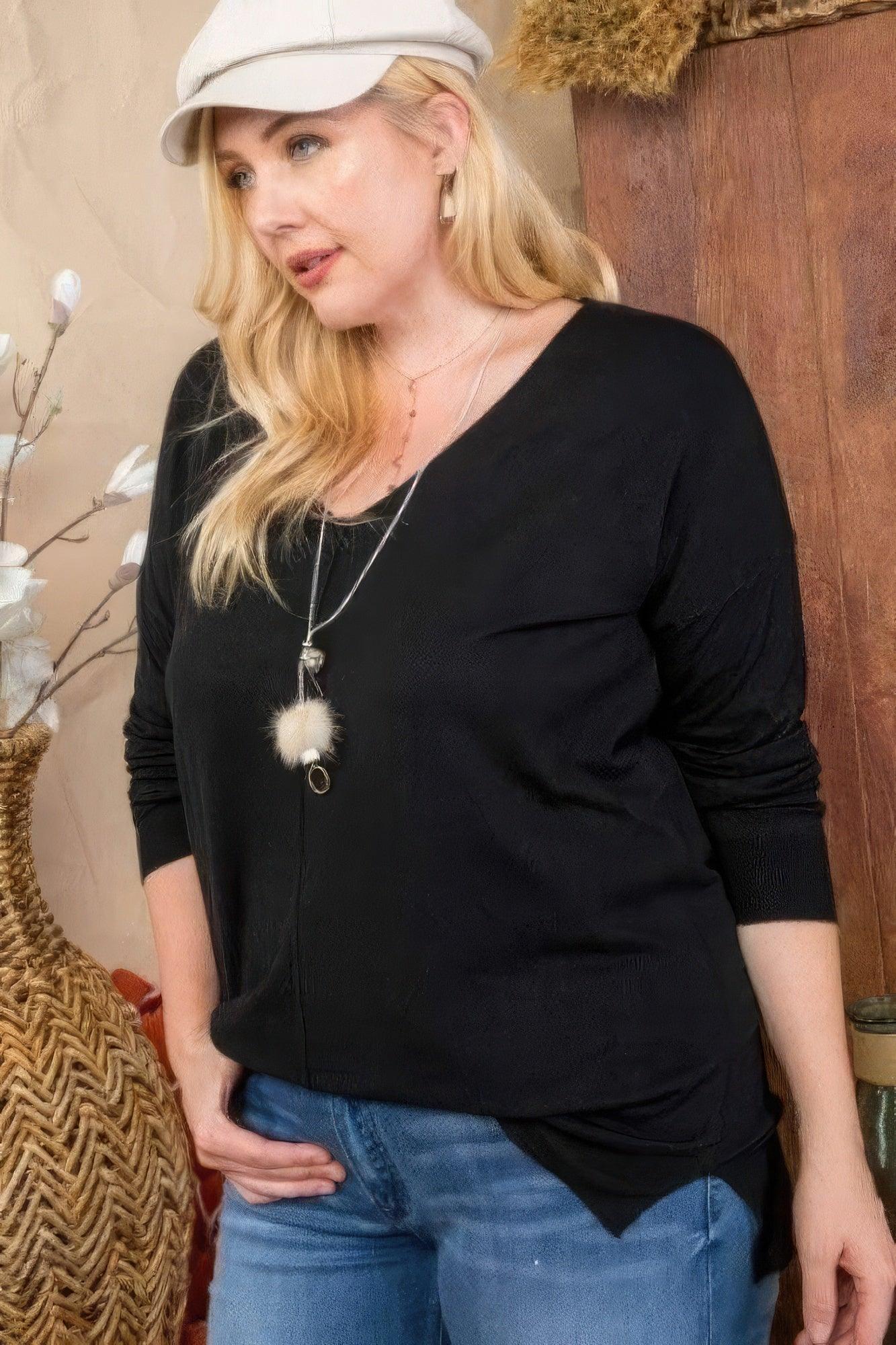 Plus Size V Neck 3/4 Sleeve Side Slit Hi-lo Sweater | Mixtshop LLC