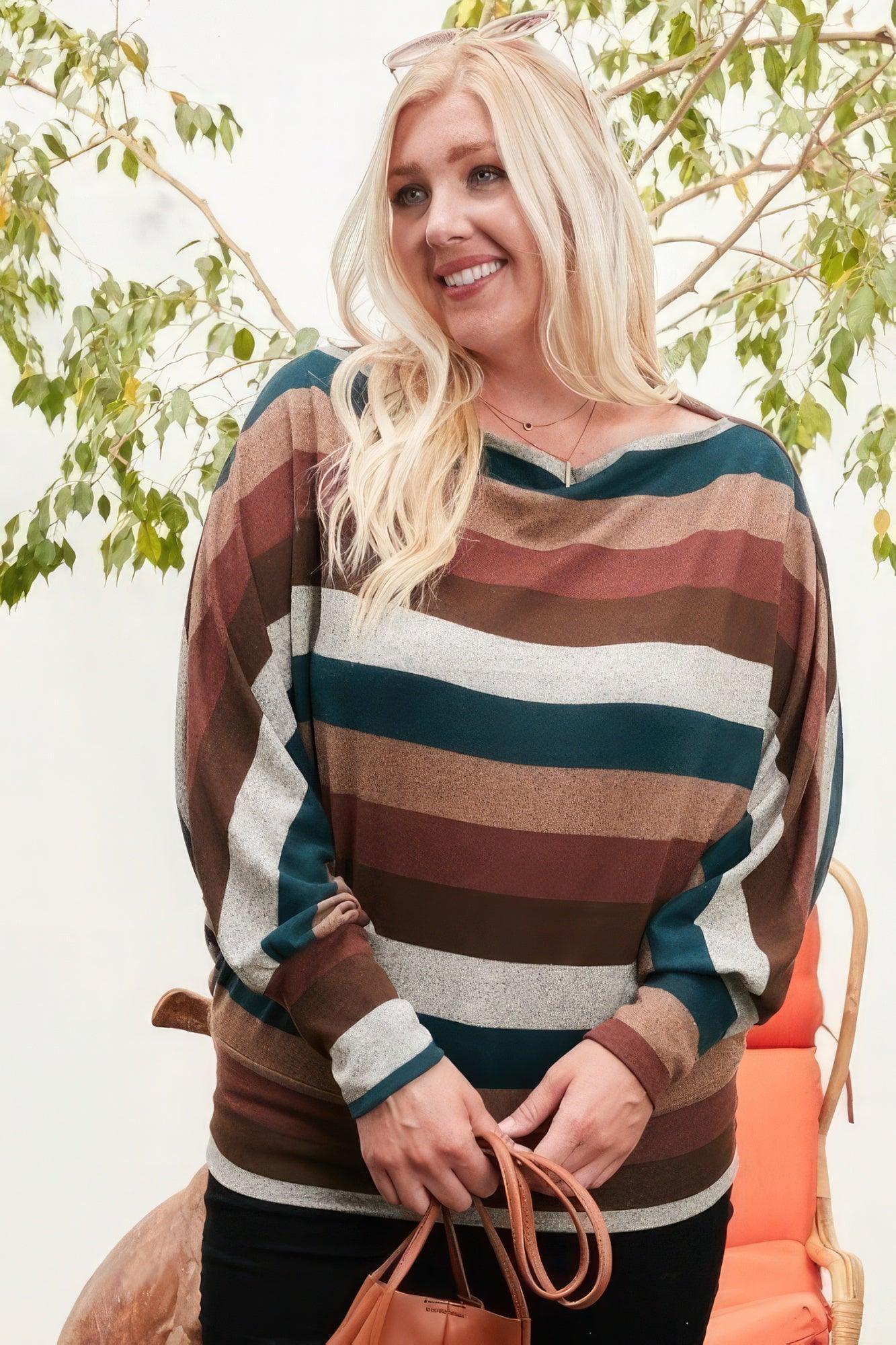Boat Neck Long Bubble Sleeve Multi Stripe Print Knit Top | Mixtshop LLC Main image