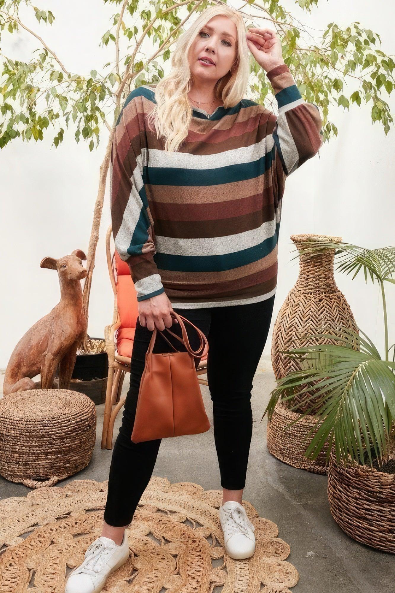 Boat Neck Long Bubble Sleeve Multi Stripe Print Knit Top Secondary image