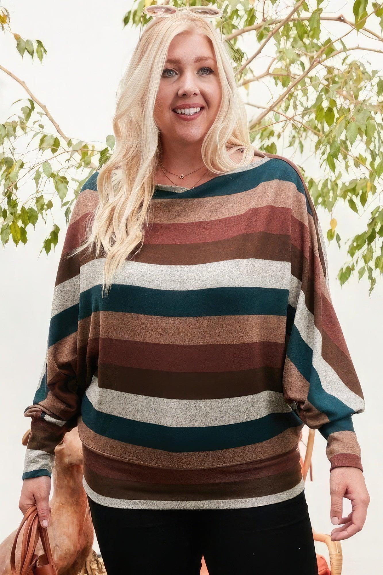 Boat Neck Long Bubble Sleeve Multi Stripe Print Knit Top | Mixtshop LLC