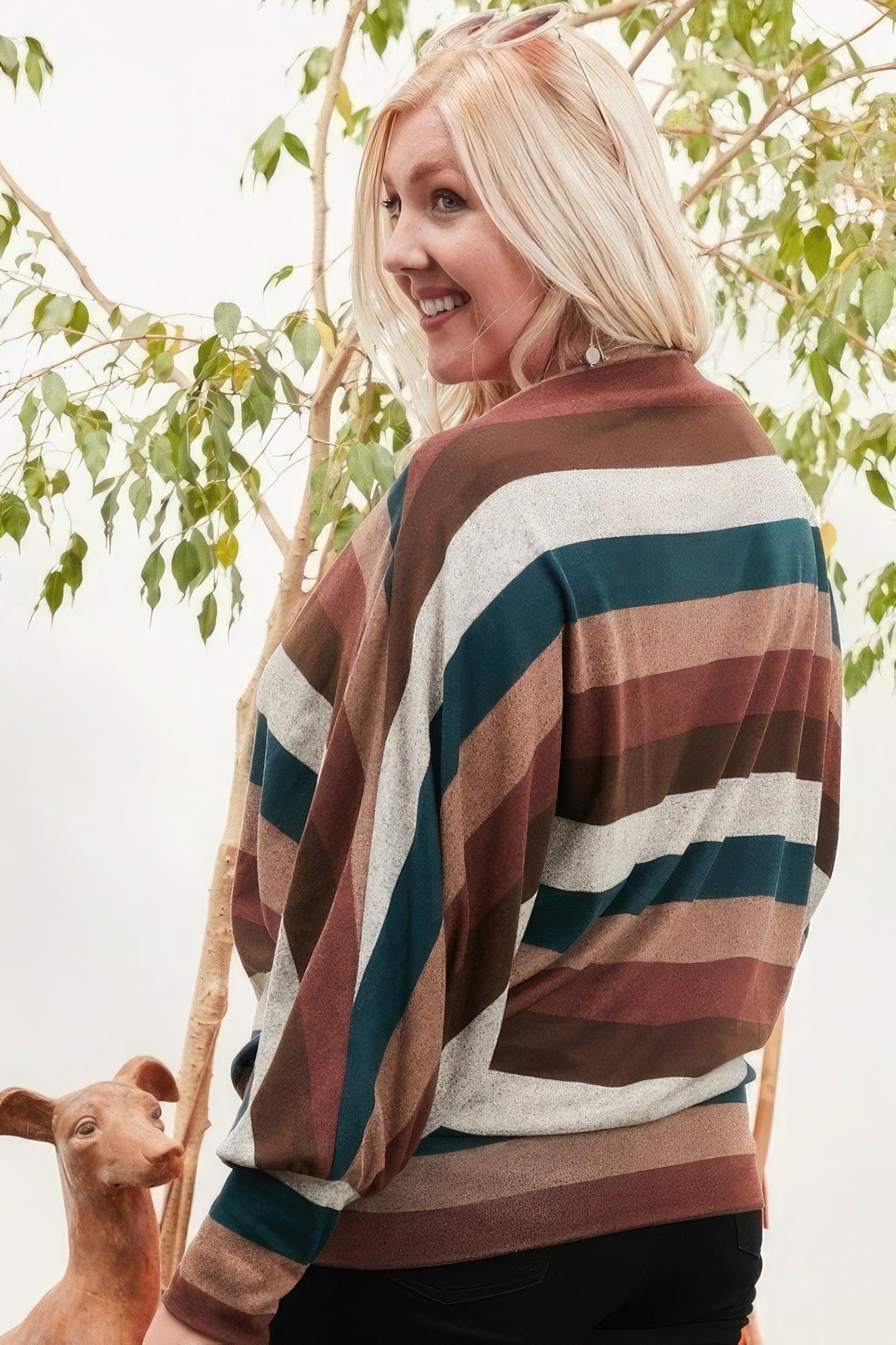 Boat Neck Long Bubble Sleeve Multi Stripe Print Knit Top | Mixtshop LLC
