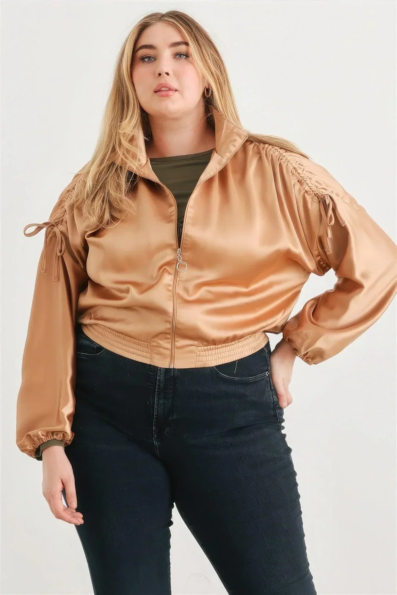Plus Satin Zip-up Ruched Long Sleeve Cropped Bomber Jacket | Mixtshop LLC Main image
