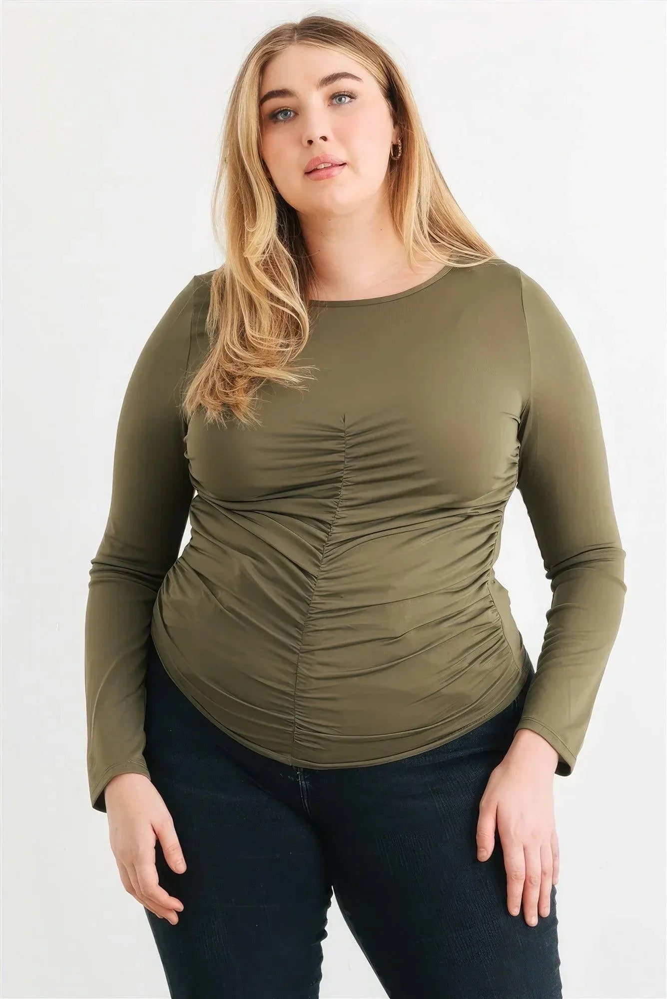 Plus Olive Ruched Long Sleeve Top | Mixtshop LLC Main image