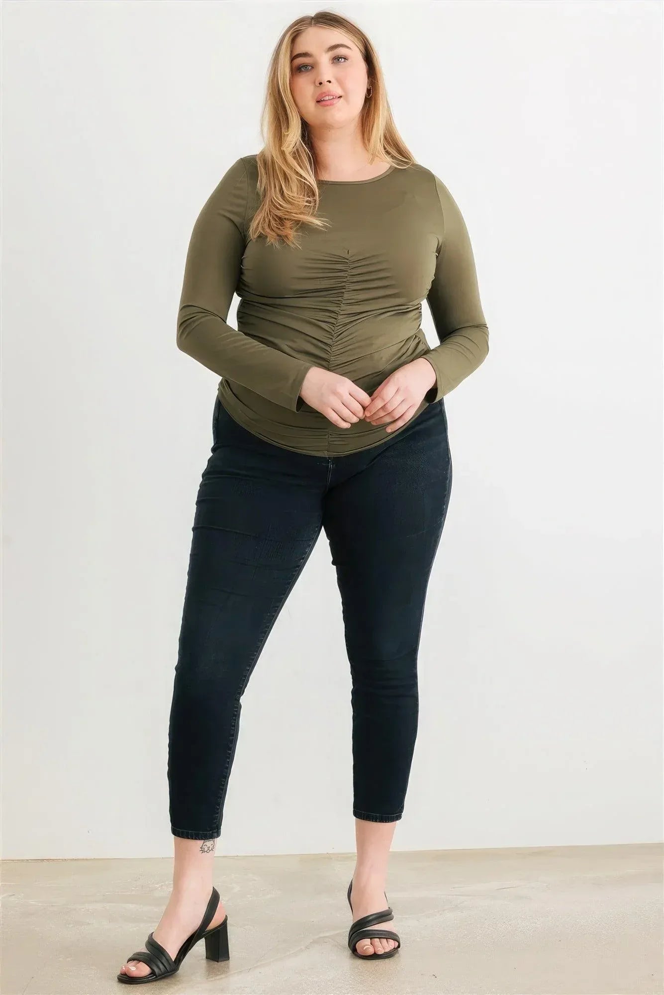 Plus Olive Ruched Long Sleeve Top Secondary image