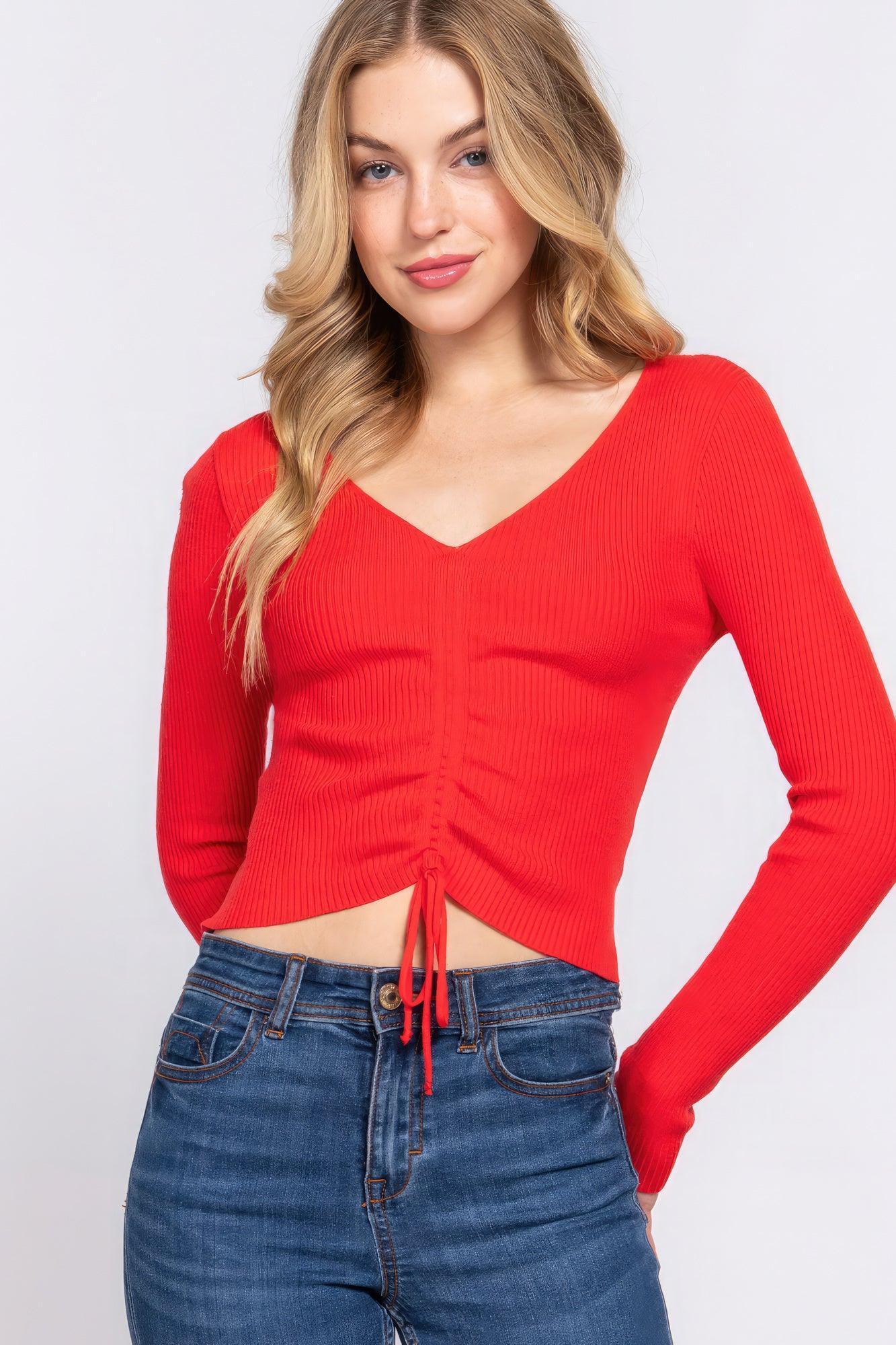 V-neck Shirring Tie Detail Sweater | Mixtshop LLC Main image