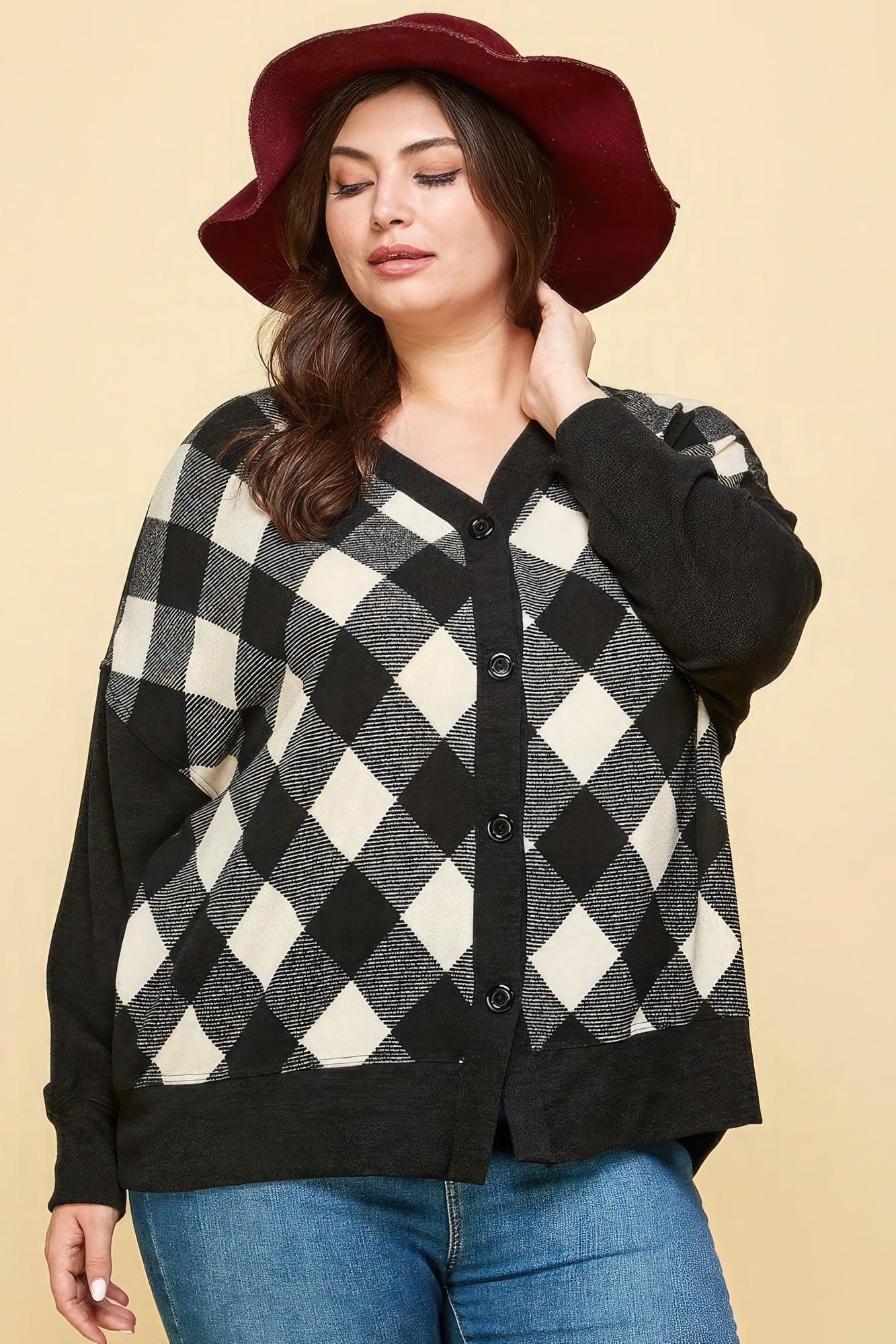 Plus Size Buffalo Plaid Knit Button Up Oversize Cardigan | Mixtshop LLC Main image