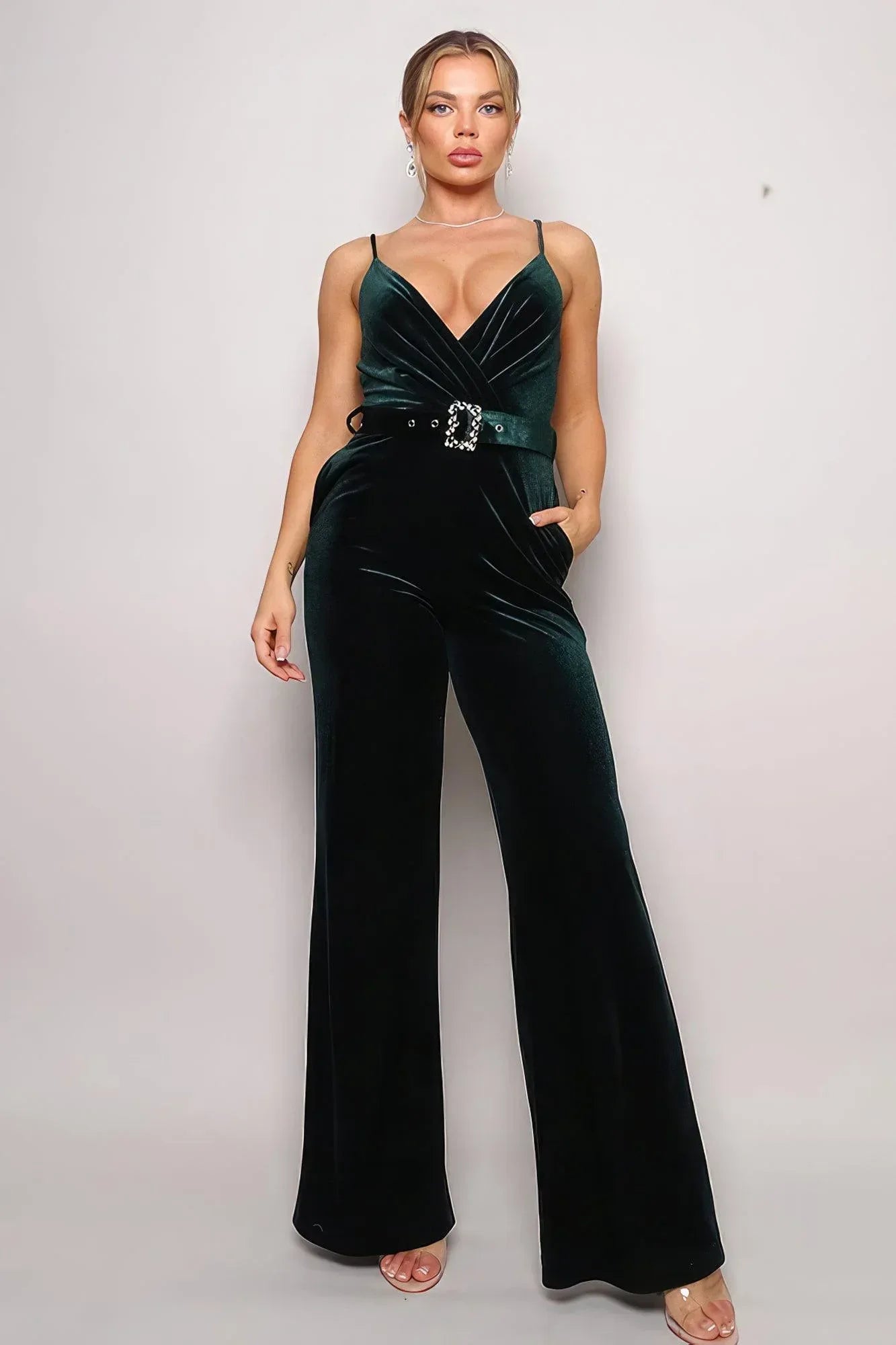 Samba Rhinestone Belt Velvet Jumpsuit | Mixtshop LLC Main image