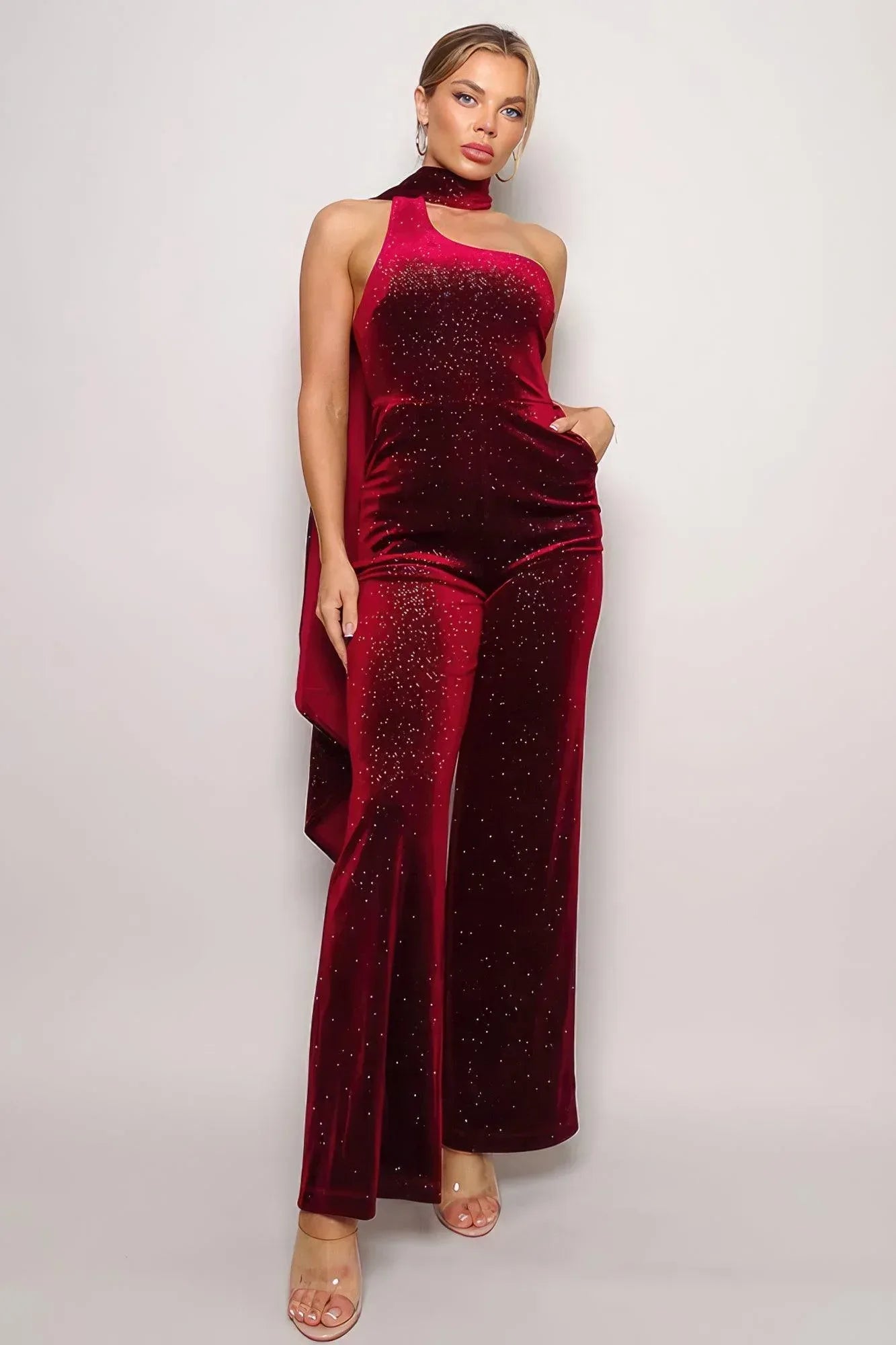 Scarf Top Glitter Velvet Jumpsuit | Mixtshop LLC Main image