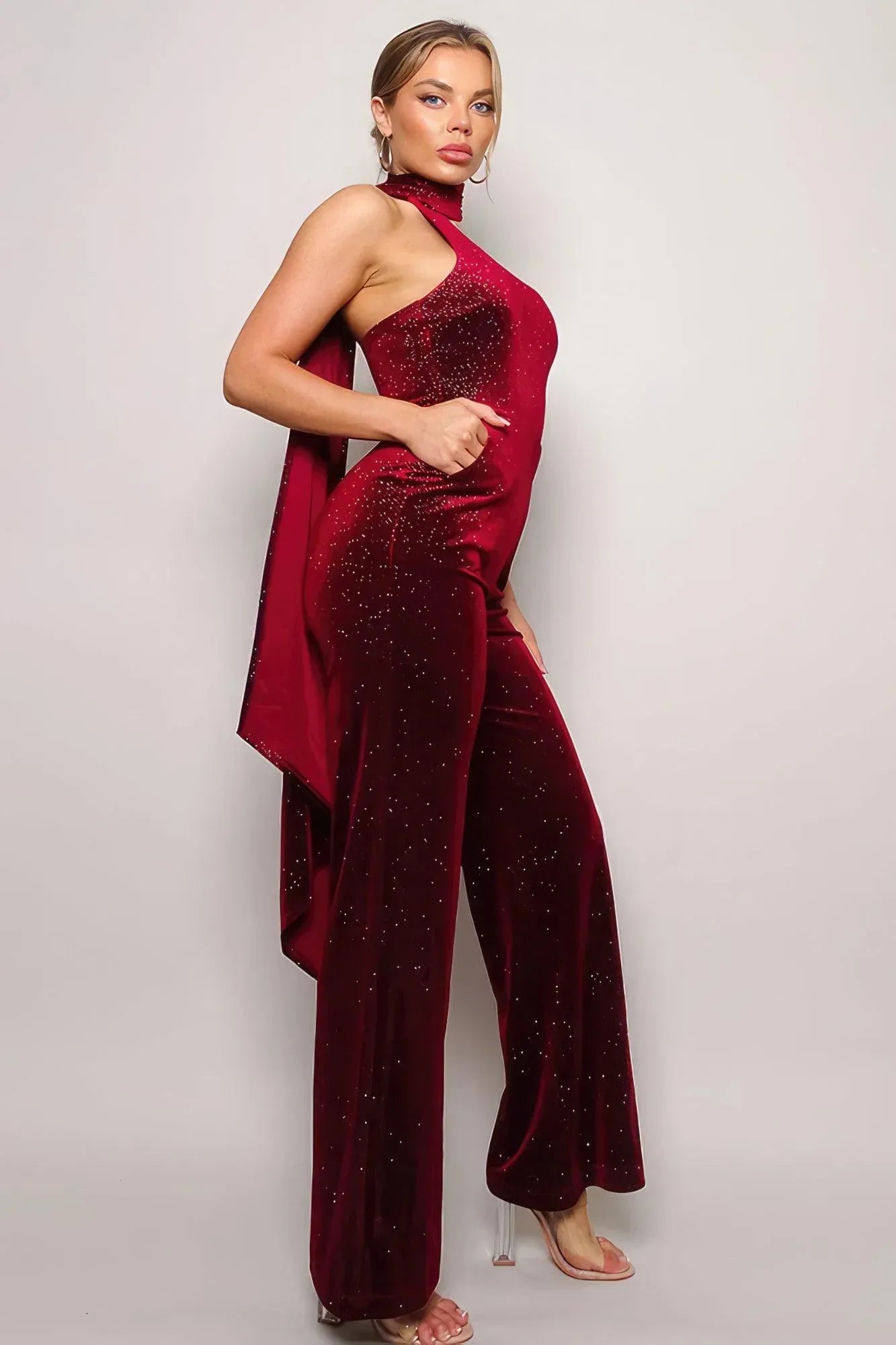 Scarf Top Glitter Velvet Jumpsuit Secondary image