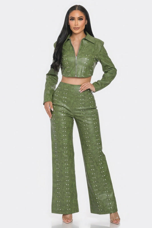 Faux Leather Set With Rhinestone Detail | Mixtshop LLC