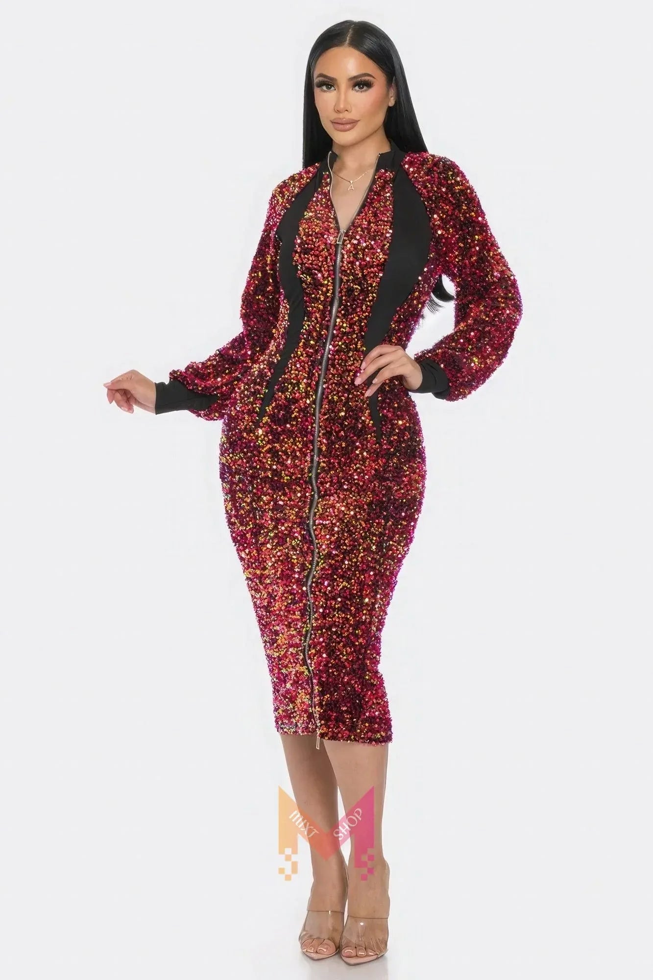 Midi 2 Way Zip Up Sequin Contrast Dress | Mixtshop LLC Main image