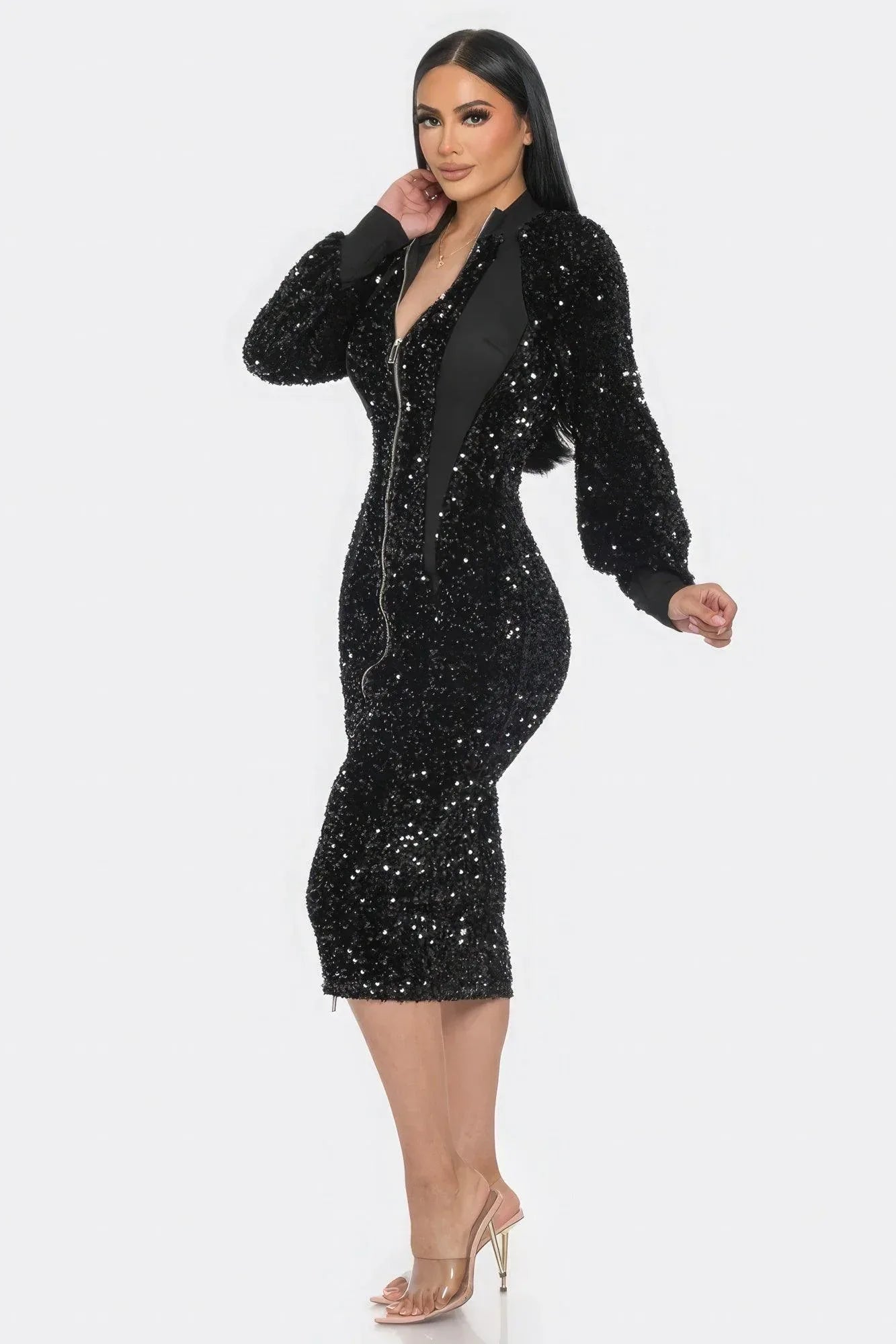 Midi 2 Way Zip Up Sequin Contrast Dress Secondary image