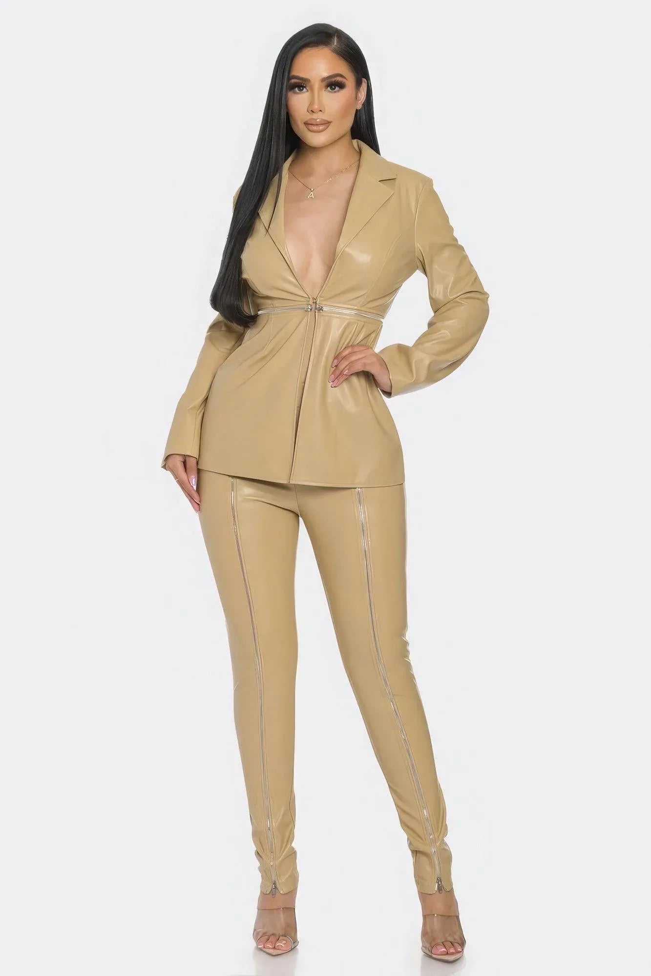 Pu Leather Zipper Pant Set | Mixtshop LLC Main image