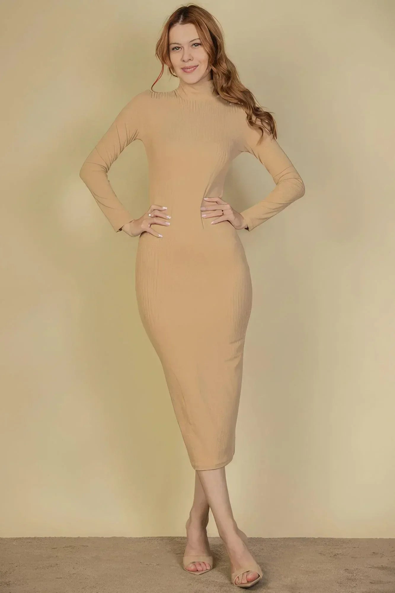 Ribbed Mock Neck Long Sleeve Bodycon Midi Dress Secondary image