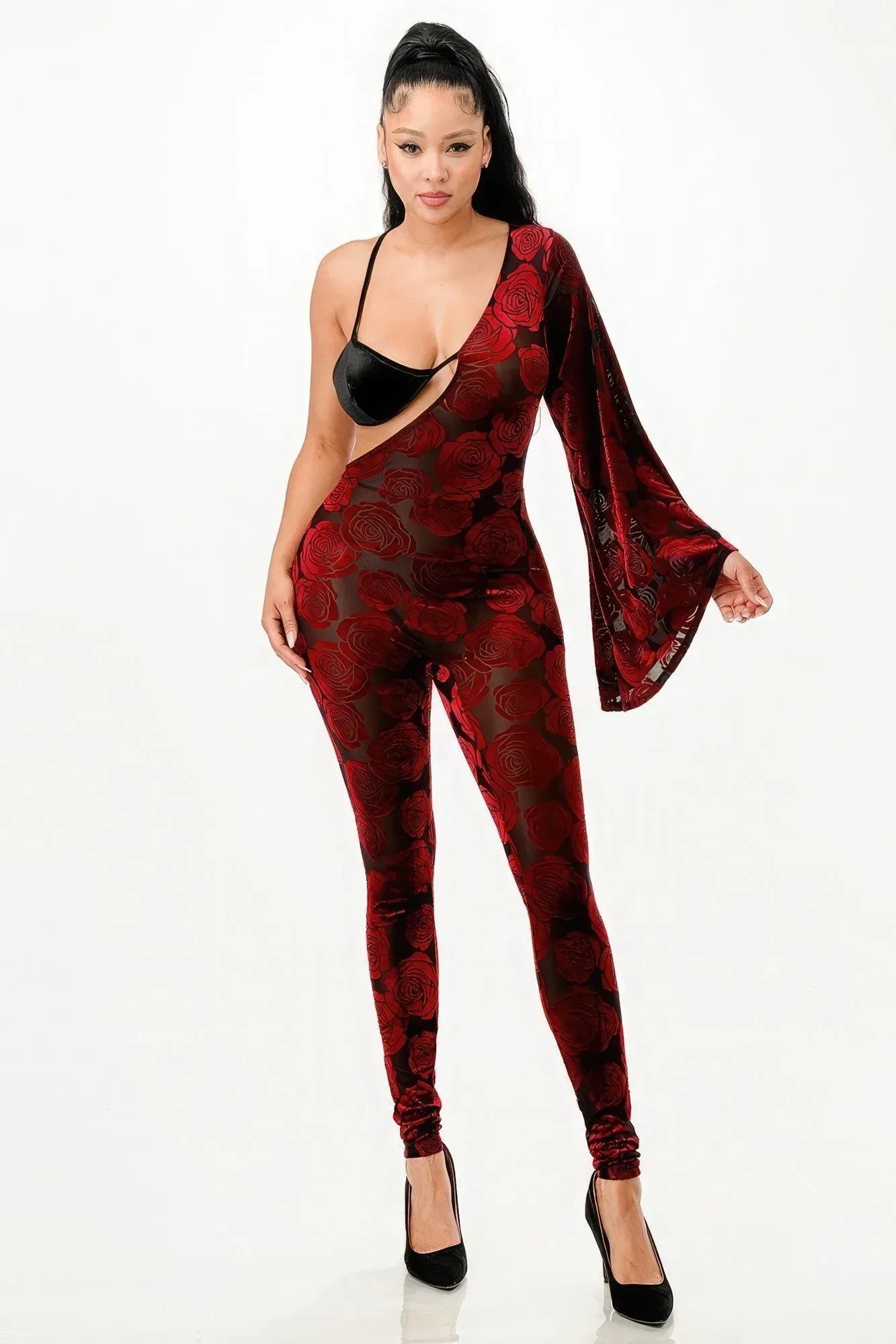 Velvet Flocking Jumpsuit/bell Sleeve | Mixtshop LLC Main image