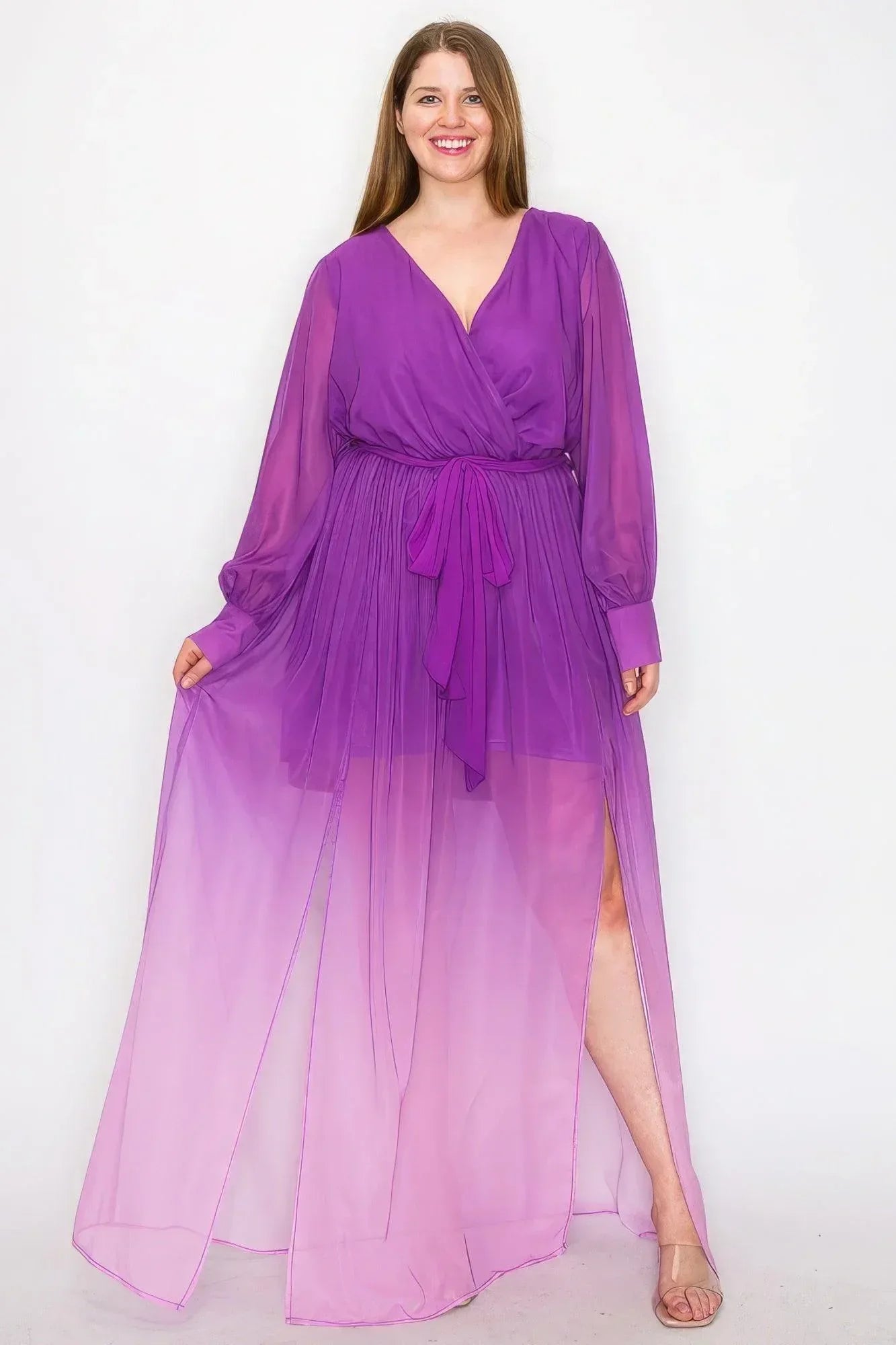 Ombre Chiffon Wrap Front Long Sleeve Tie Waist Slit Front Maxi Dress | Mixtshop LLC Main image