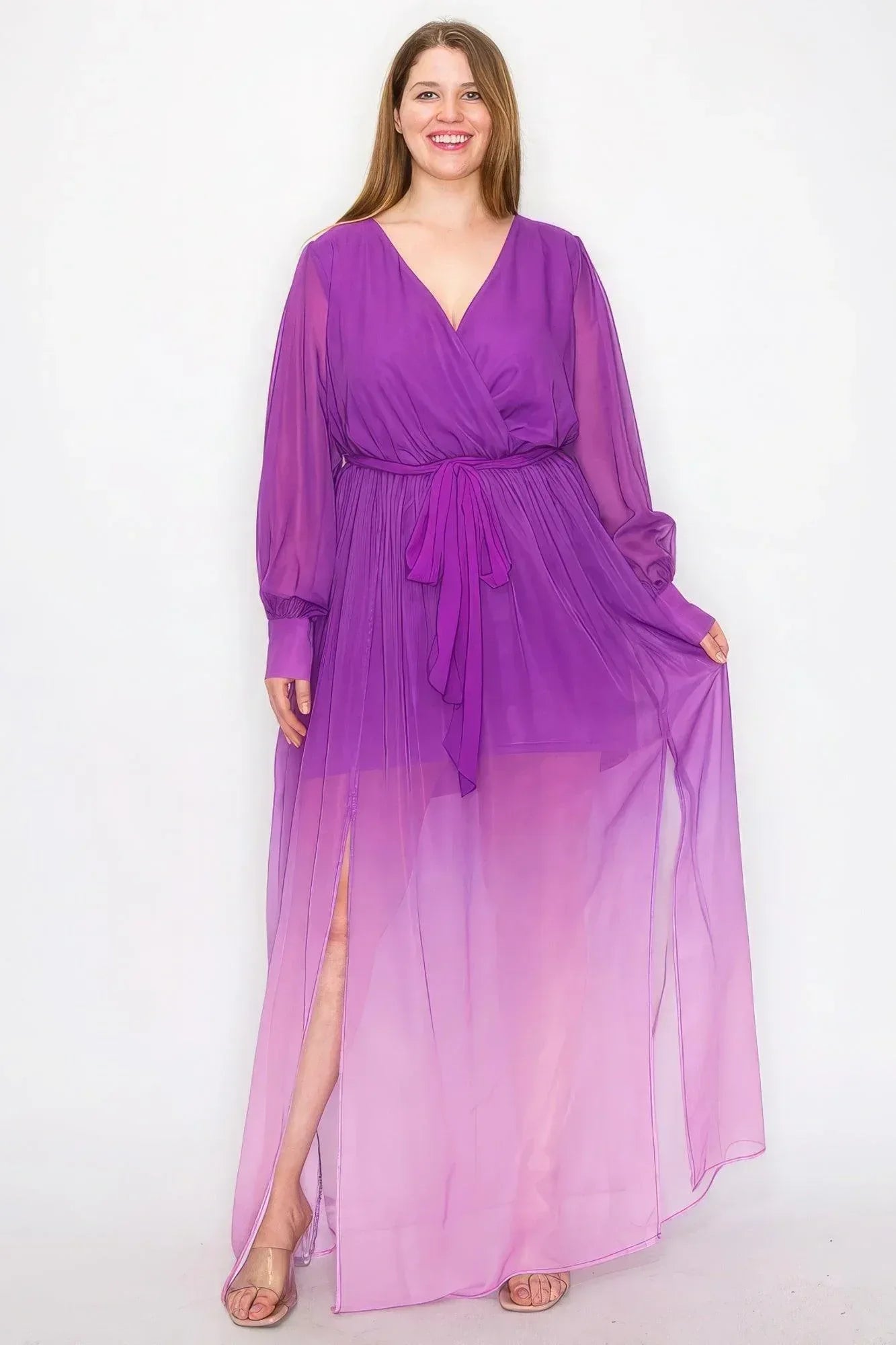 Ombre Chiffon Wrap Front Long Sleeve Tie Waist Slit Front Maxi Dress | Mixtshop LLC