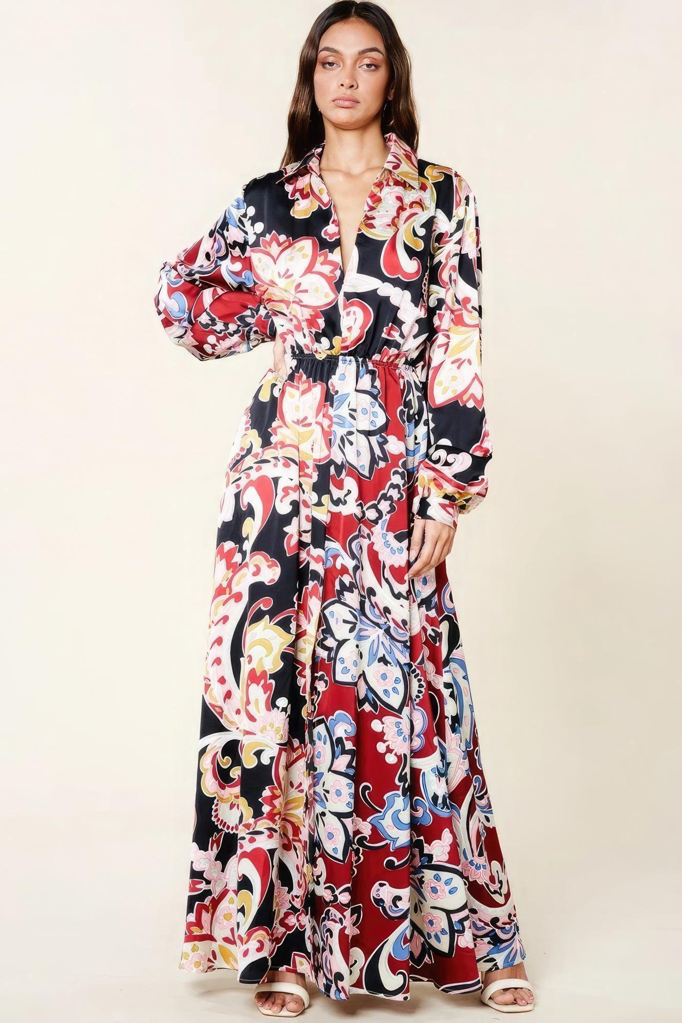 Color Block Printed V Neck Dress | Mixtshop LLC Main image