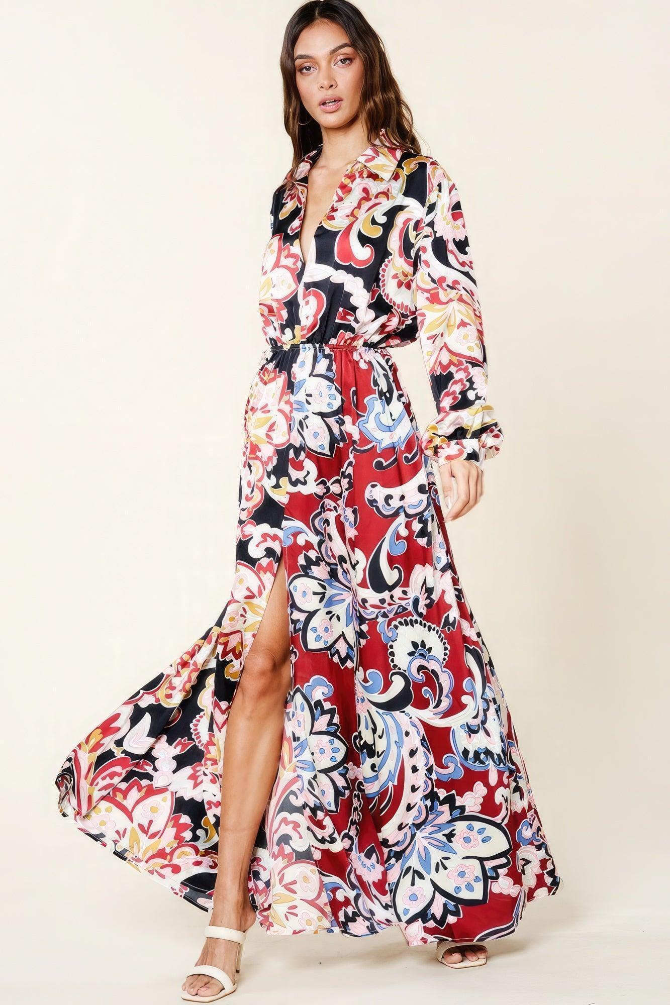 Color Block Printed V Neck Dress | Mixtshop LLC