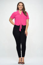 Plus Solid Chiffon Button Down Tie Front Short Sleeve Top | Mixtshop LLC