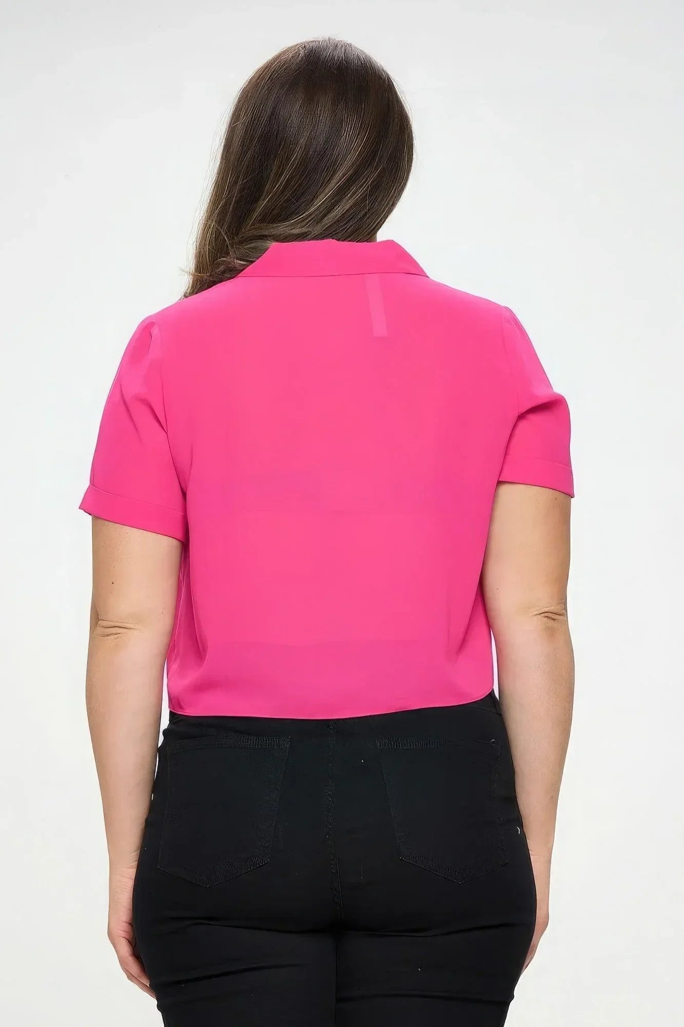 Plus Solid Chiffon Button Down Tie Front Short Sleeve Top | Mixtshop LLC
