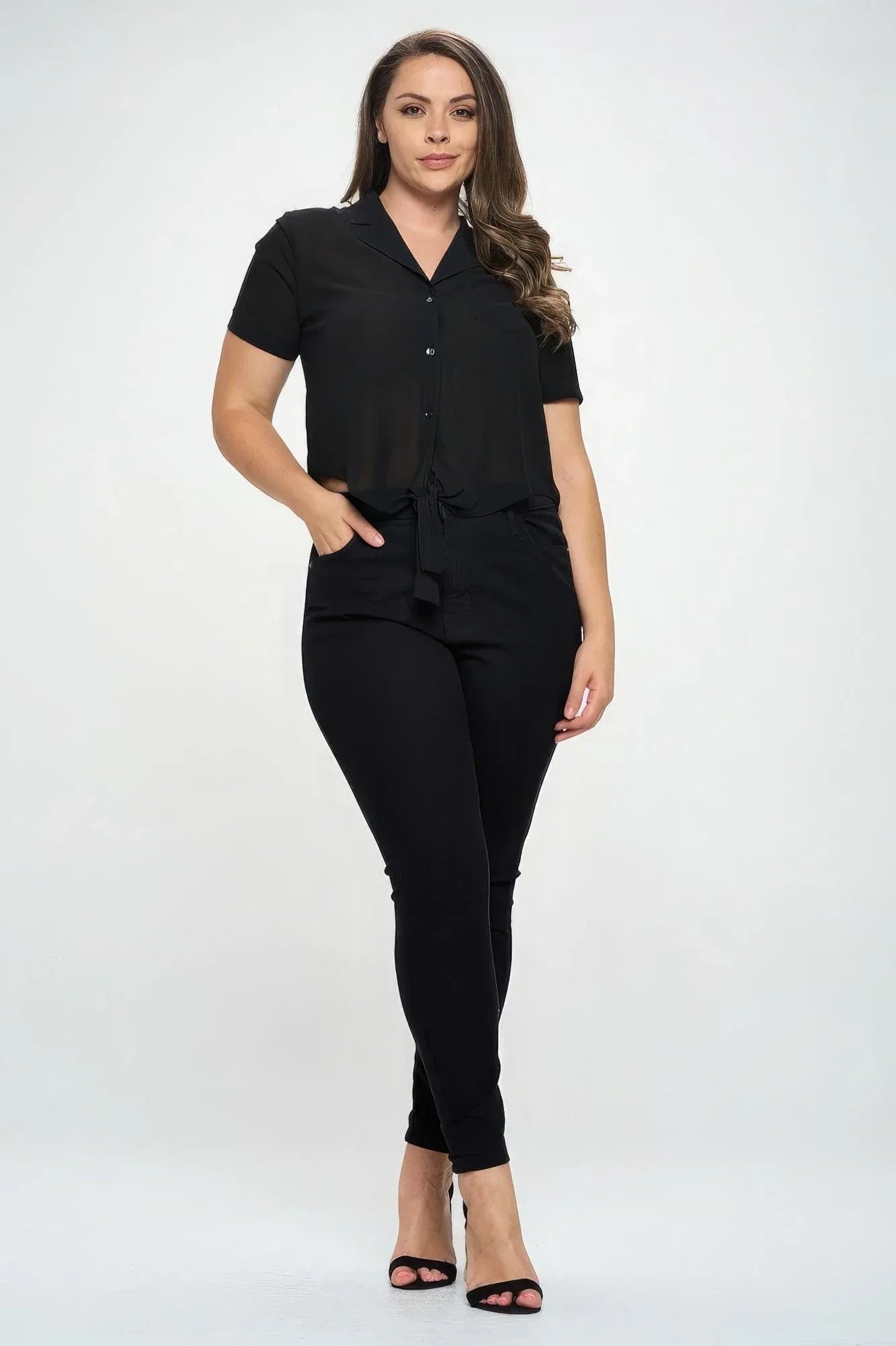 Plus Solid Chiffon Button Down Tie Front Short Sleeve Top Secondary image